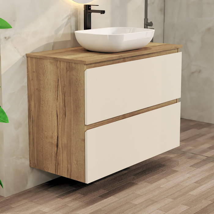 Conjunto de Baño Nia | Mueble Suspendido | 80 cm Glaciar | Dos Cajones | Lavabo Sobrepuesto | No incluye Espejo | Mueble Montado| Alday