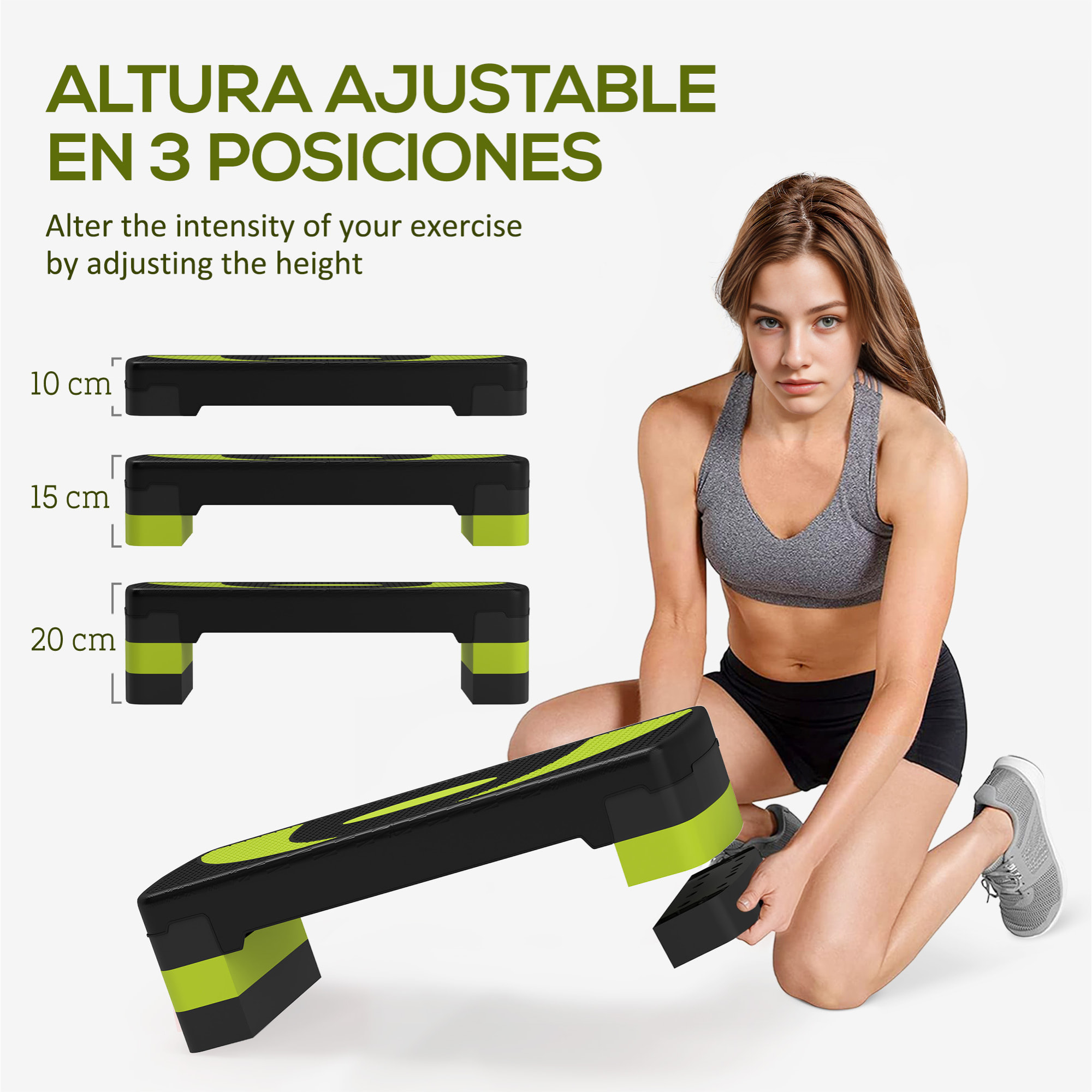 Step de Aeróbic Step para Fitness Antideslizante con Altura Regulable 3 Niveles de 10/15/20 cm Tabla Plataforma Stepper para Ejercicio en Casa Gimnasia Carga 150 kg 80x31x20 cm Verde y Negro