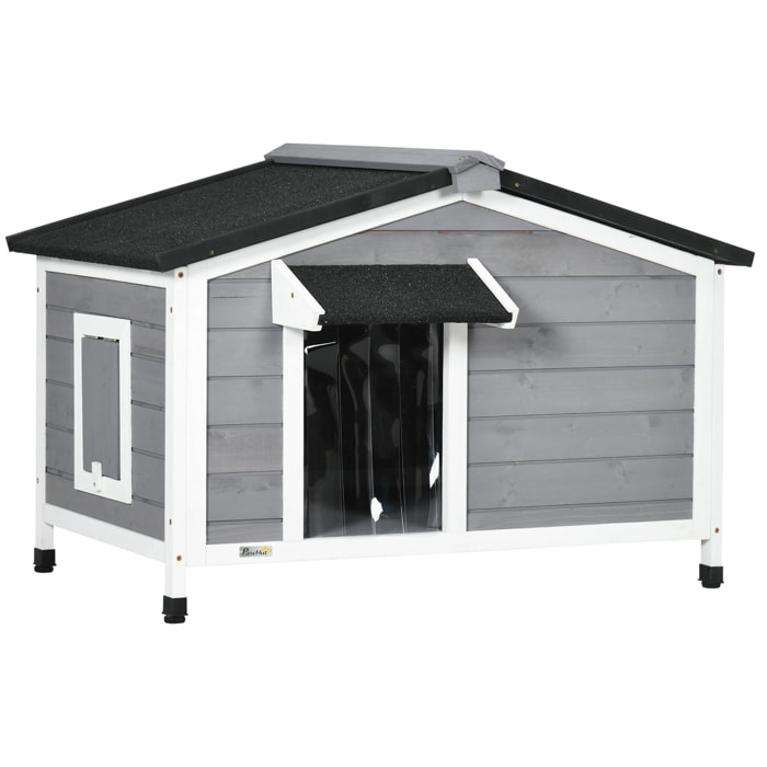 Caseta para Perros de Madera 97x72x65 cm Casita para Mascotas con Techo Asfáltico Abatible 2 Ventanas Puerta con Cortina y Base Extraíble Gris