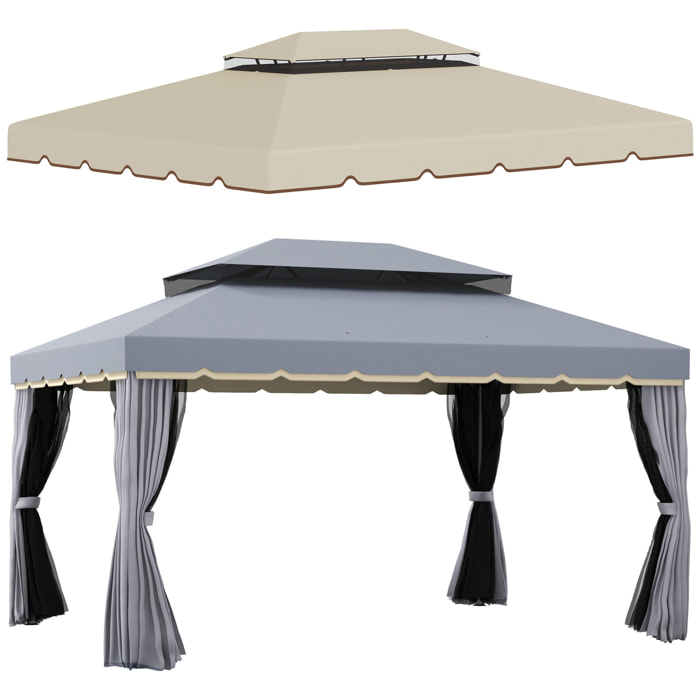 Conjunto de Cenador Incluye 1 Cenador de Jardín 4x3 m con 4 Cortinas Laterales 4 Mosquiteras y 1 Techo de Repuesto 4x3 m para Fiestas Eventos Exterior Gris y Beige