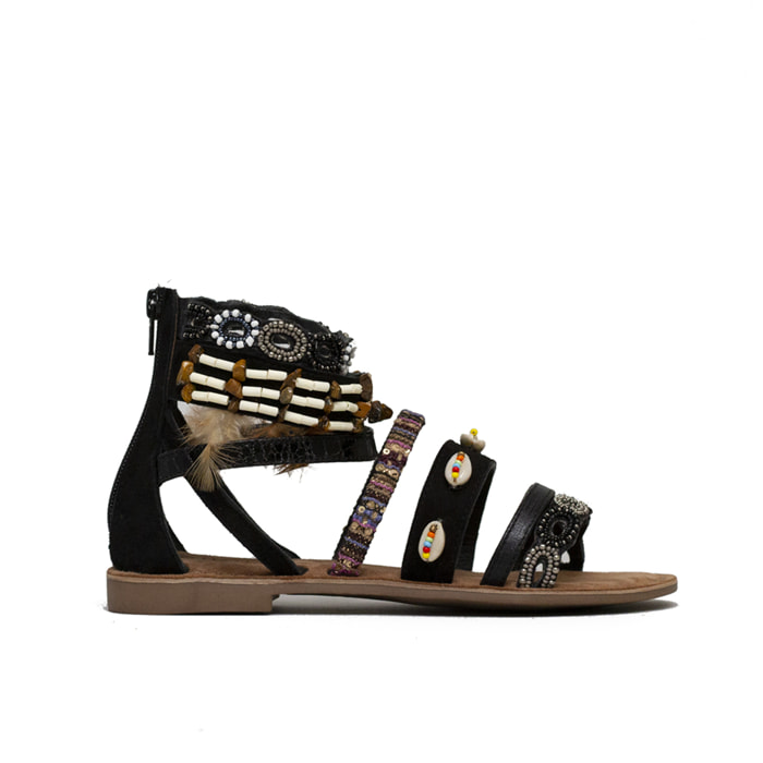 SANDALO PIUME CHOCOLA' VERA PELLE NERO