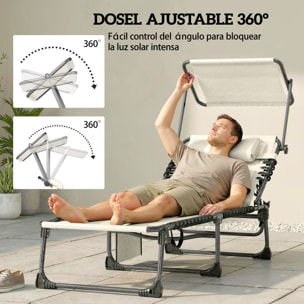 Set de 2 Tumbonas Jardín Exterior, Tumbonas Plegables con Reposacabezas, Parasol y Bolsillo Lateral, Respaldo Reclinable 5 Posiciones y Asiento Malla Transpirable para Playa, Piscina, Crema