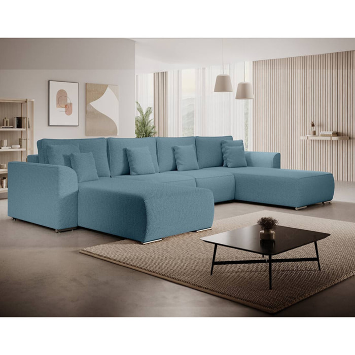 Gabriel - Canapé panoramique en U 7 places convertible avec coffre en tissu texturé - Bleu
