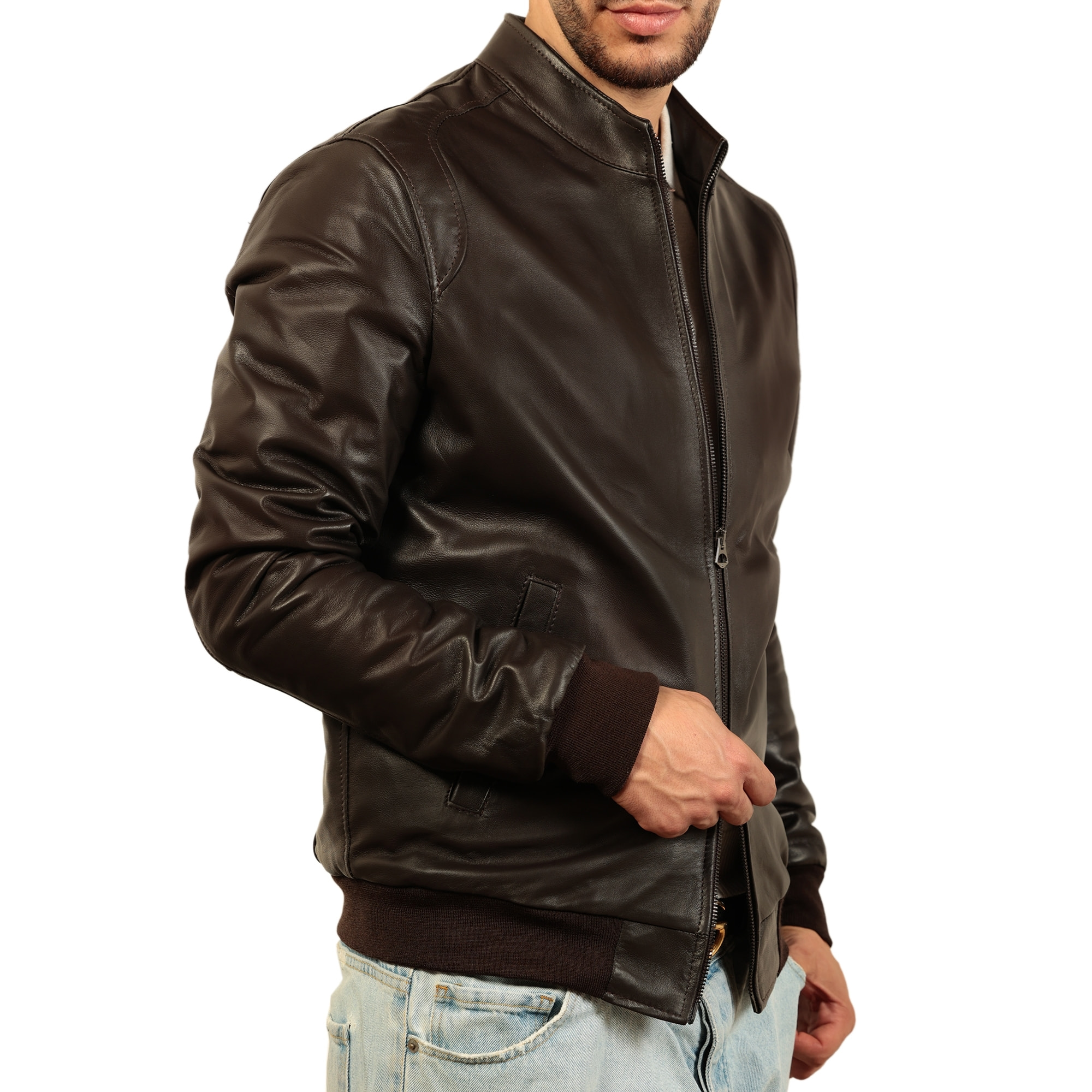 Giubbino in vera pelle di vitello foderato con trapunta invernale Marrone-Slim Fit