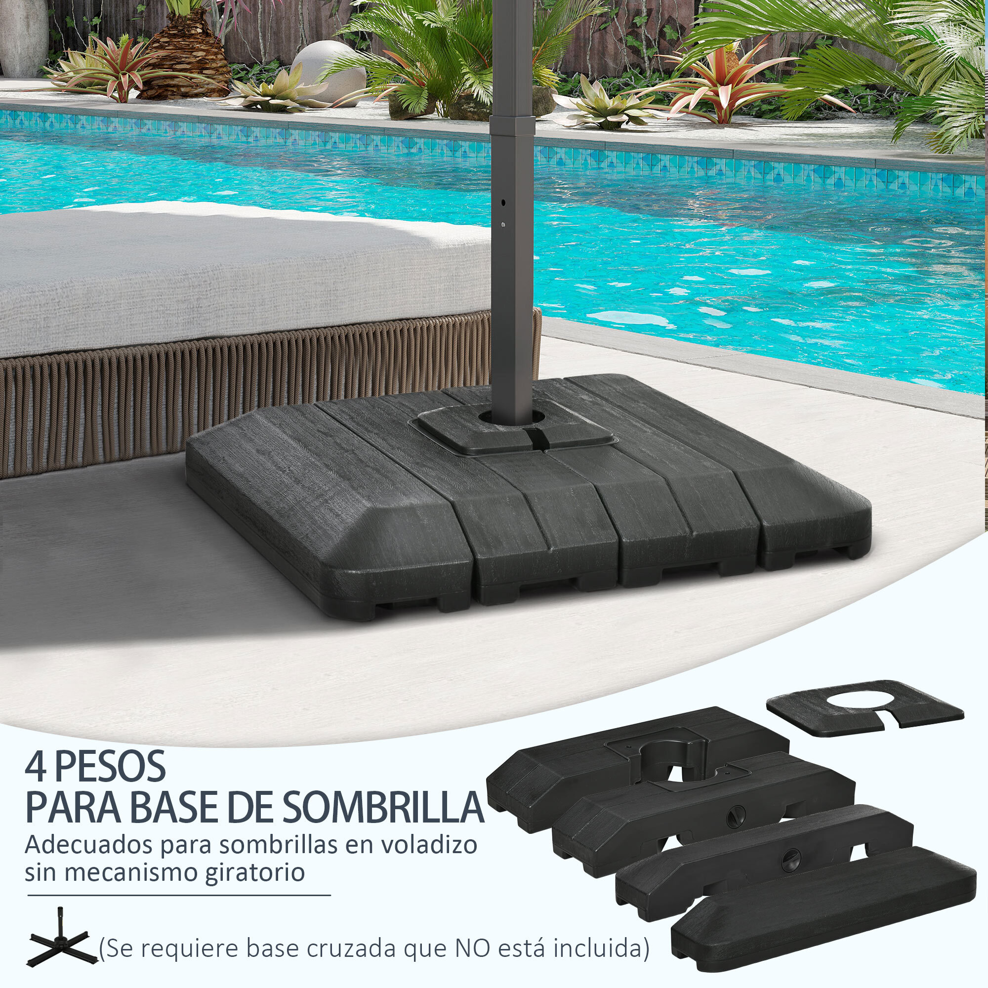 Pesos de Base de Sombrilla en Voladizo de 4 Piezas Soporte de Parasol de Patio Rellenable de Agua de 100 kg o Arena de 135 kg para Base Cruzada 98x98x18,5 cm Negro