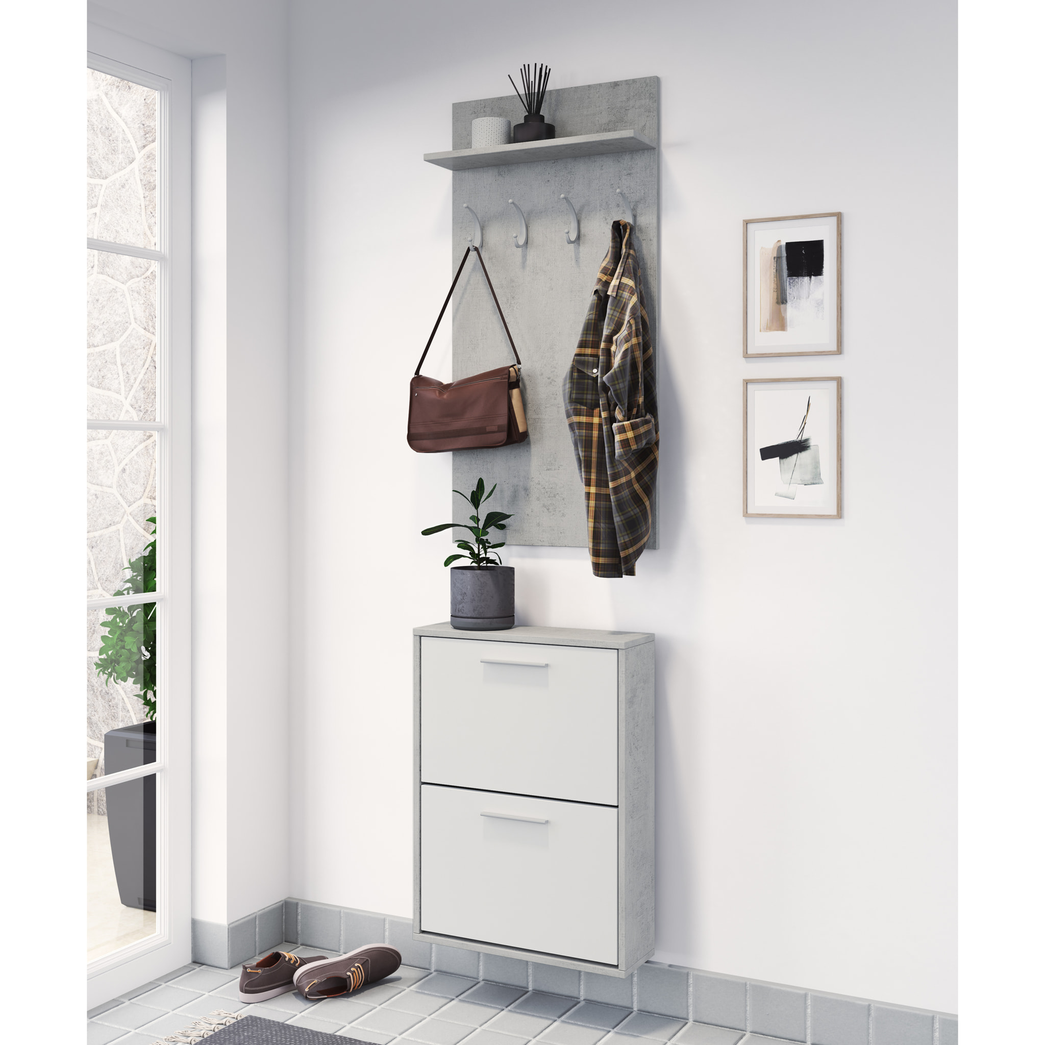 Set Ingresso Salvaspazio con Scarpiera 2 Ribalte e Appendiabiti da Parete Mensola Mobile Moderno Portascarpe 54x73x18 Cm Bianco Grigio Cemento