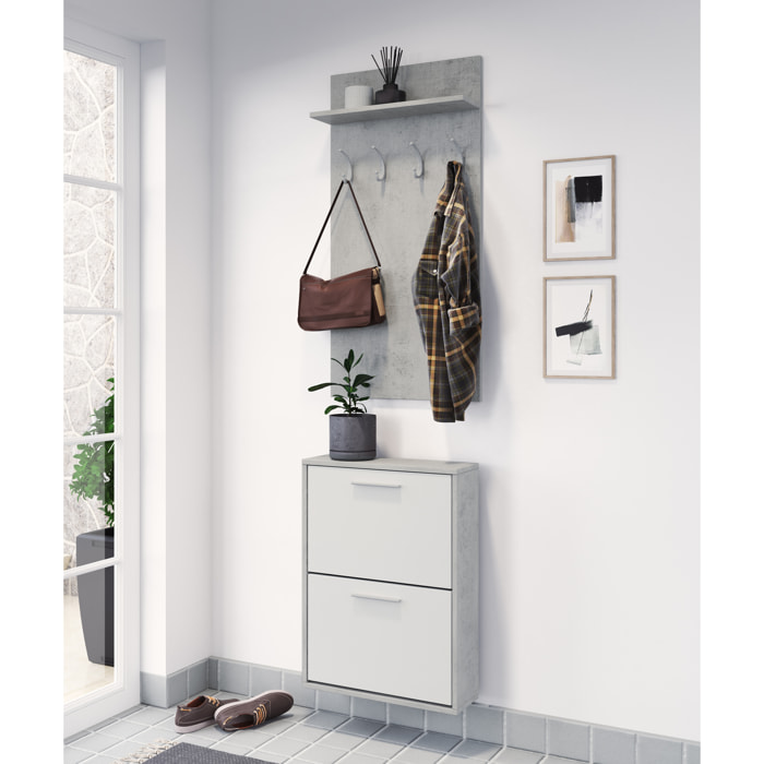 Set Ingresso Salvaspazio con Scarpiera 2 Ribalte e Appendiabiti da Parete Mensola Mobile Moderno Portascarpe 54x73x18 Cm Bianco Grigio Cemento