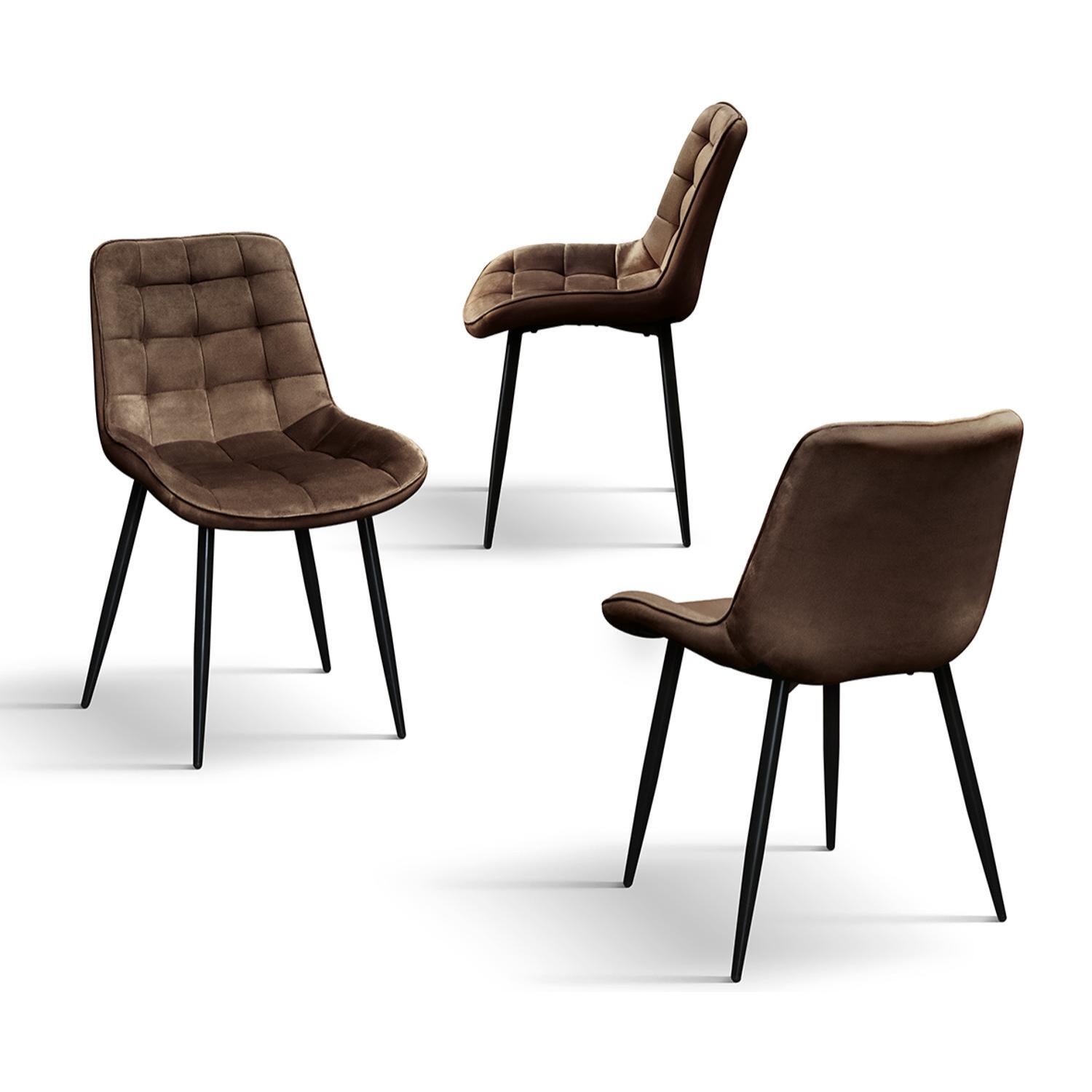 Set di 4 sedie BARCELLONA in tessuto effetto velluto marrone e gambe in metallo nero