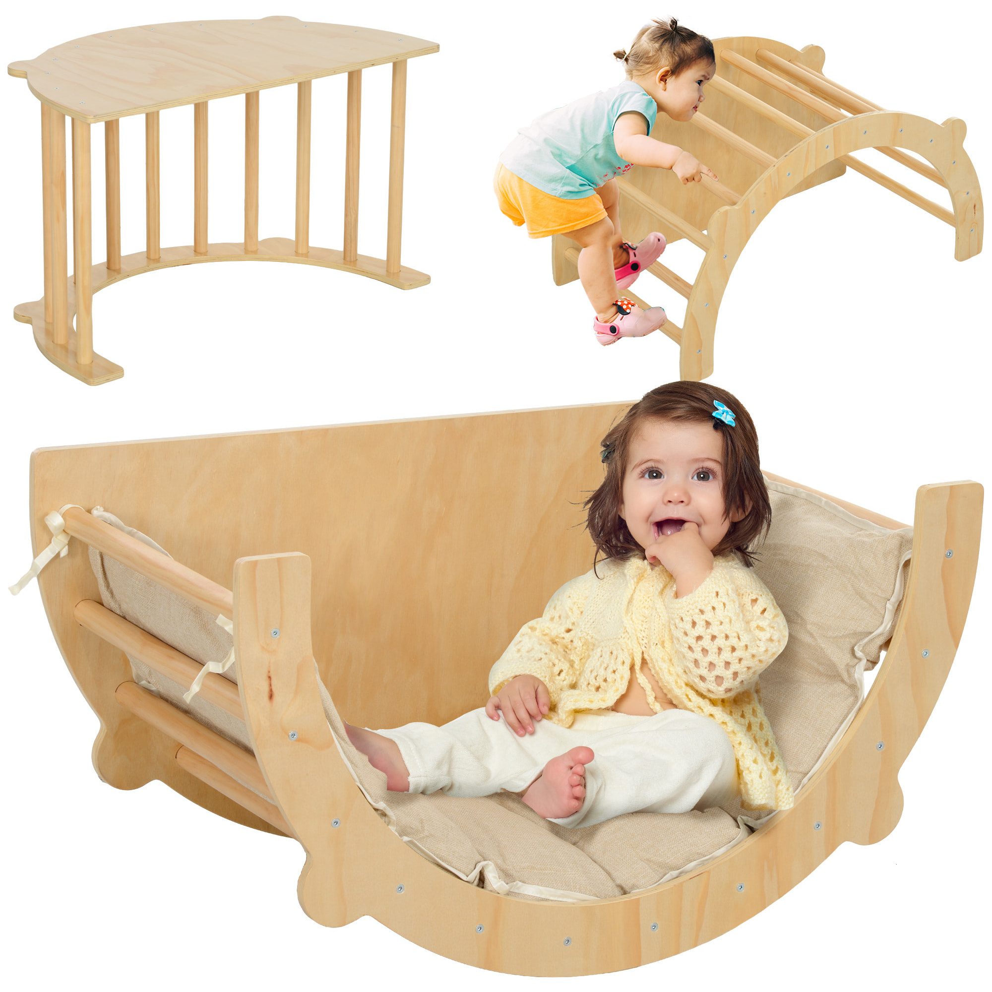 Ensemble d'escalade en bois 3 en 1 - arche, bascule, table - coussin inclus - panneaux bois pin