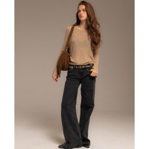 Bolso grande de ante marrón con flecos y tachuelas doradas