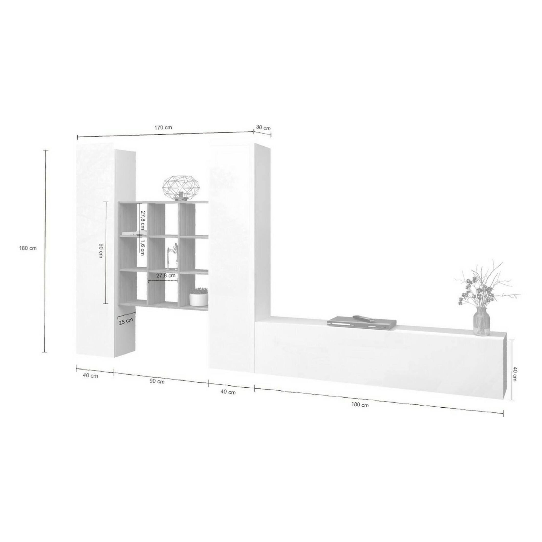 Parete attrezzata Denis, Set salotto porta TV a 3 ante, Mobile soggiorno multiuso, 100% Made in Italy, cm 270x30h180, Bianco lucido e Acero