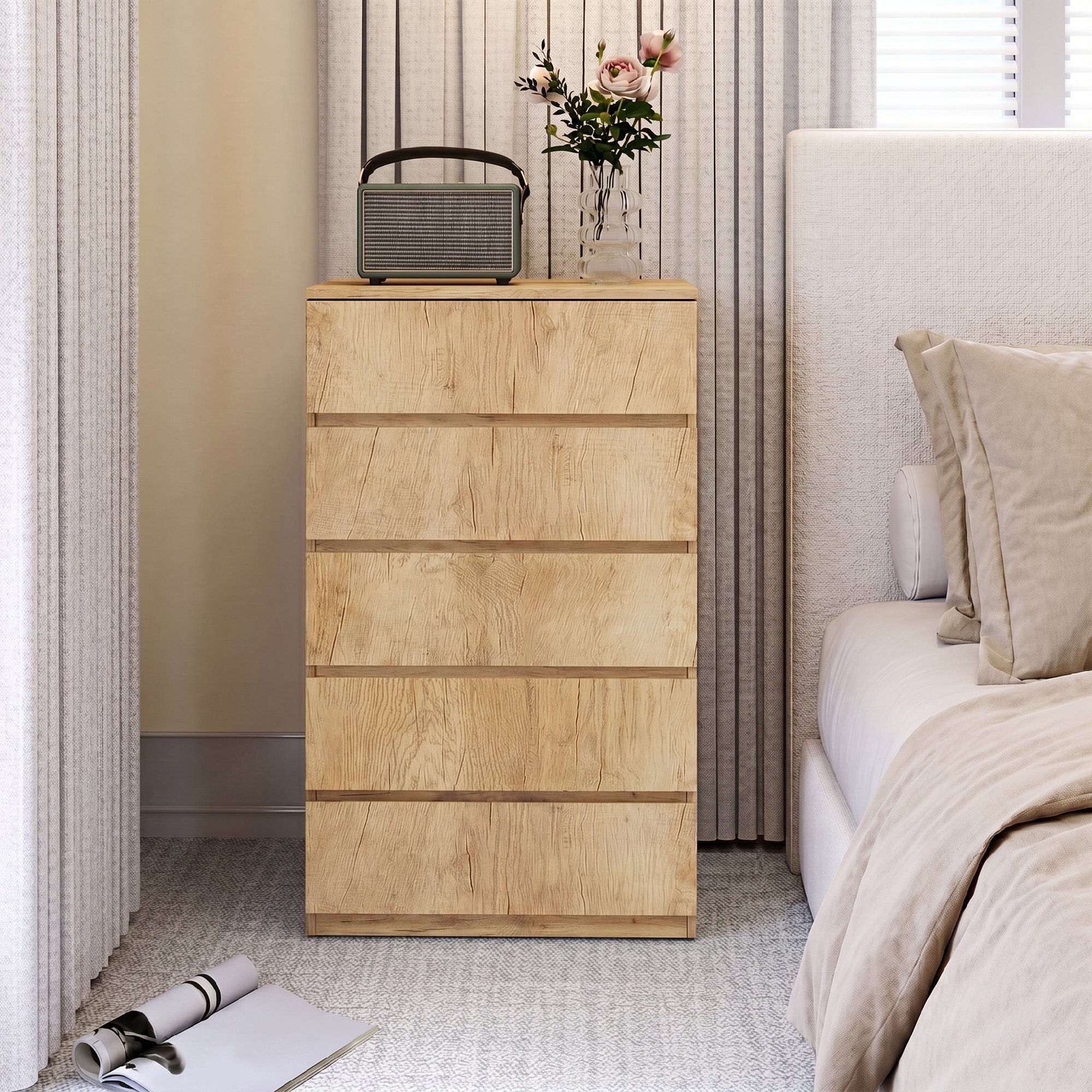 Cómoda 5 Cajones, Cómoda Dormitorio Moderna, Sinfonier, Diseño sin Tiradores, Cajonera para Sala de Estar, Comedor, Entrada, 60x39x100 cm, Madera Natural