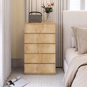 Cómoda 5 Cajones, Cómoda Dormitorio Moderna, Sinfonier, Diseño sin Tiradores, Cajonera para Sala de Estar, Comedor, Entrada, 60x39x100 cm, Madera Natural