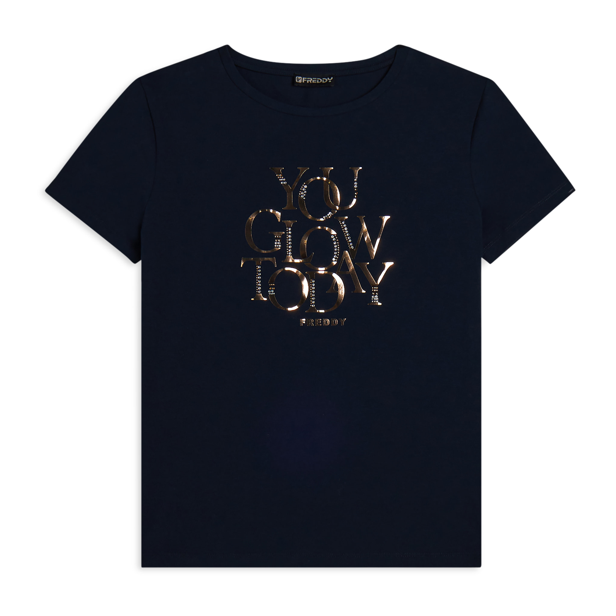 T-shirt con strass “You Glow Today”