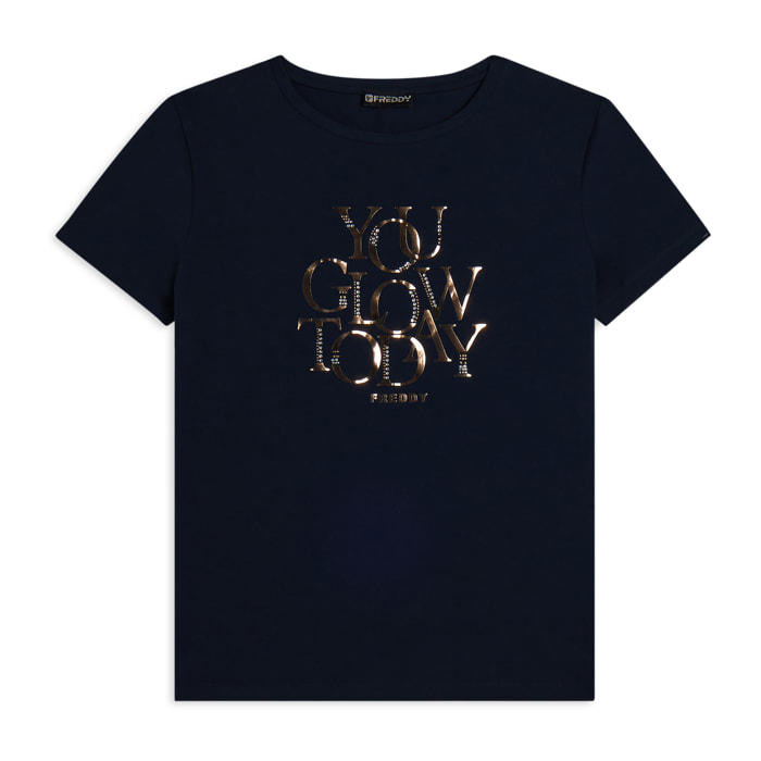 T-shirt con strass “You Glow Today”
