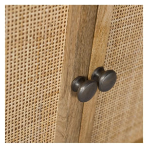 Etagère 6 niches 2 portes en cannage et bois de manguier - Cody