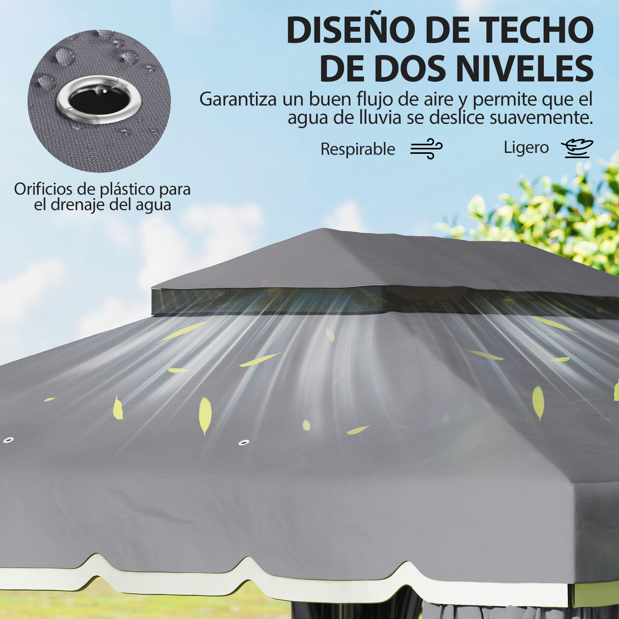 de Jardín 4x3 m, Pabellón de Jardín Gazebo con Doble Techo, 4 Cortinas y Mosquitera, Marco de Aluminio, Orificios de Drenaje, UPF50+, Carpa para Exterior, Terraza, Patio, Gris Oscuro