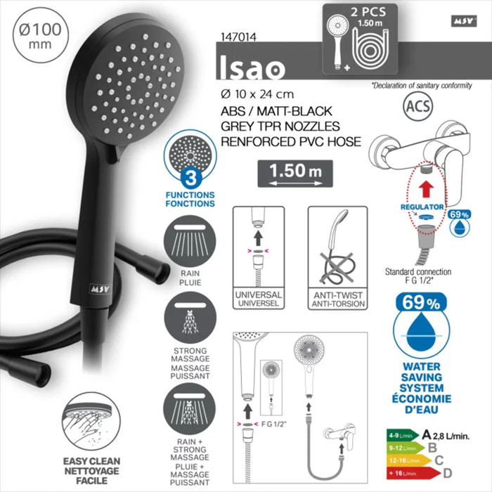 Pommeau de douche MSV Isao Ø 100 mm avec flexible 150 cm – 3 fonctions – Économie d'eau 69 % – Noir matt