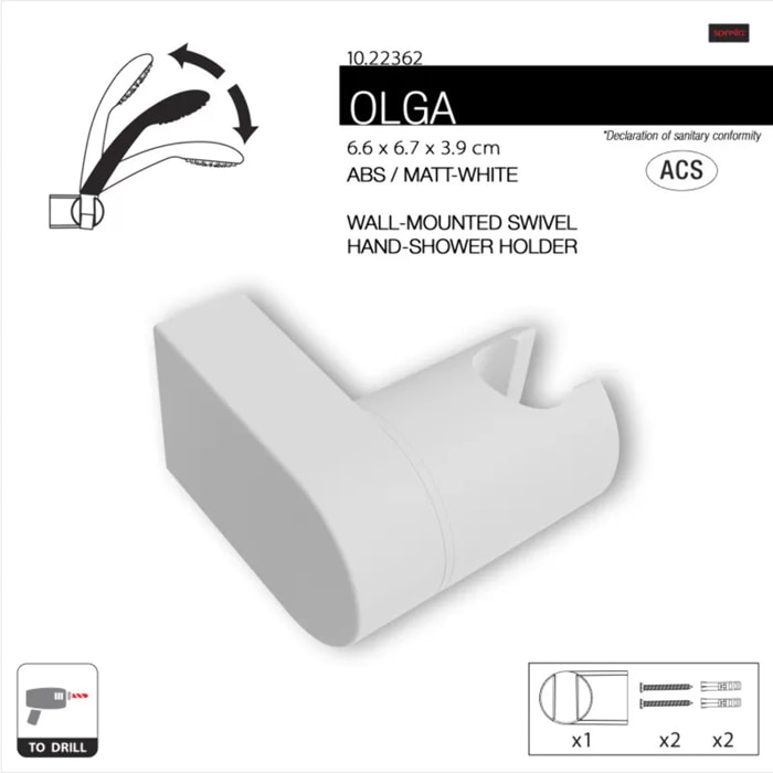Support mural orientable pour pommeau de douche blanc matt – Réglable – Olga ABS
