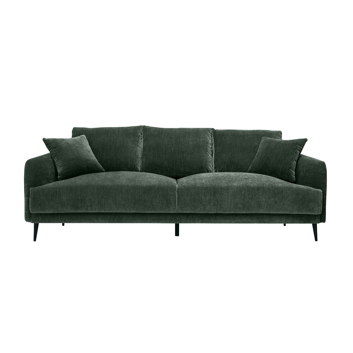 Canapé design 3 places en tissu effet velours vert kaki et métal noir JERRY
