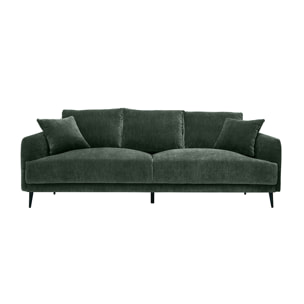Canapé design 3 places en tissu effet velours vert kaki et métal noir JERRY
