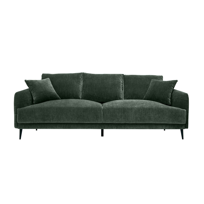 Canapé design 3 places en tissu effet velours vert kaki et métal noir JERRY