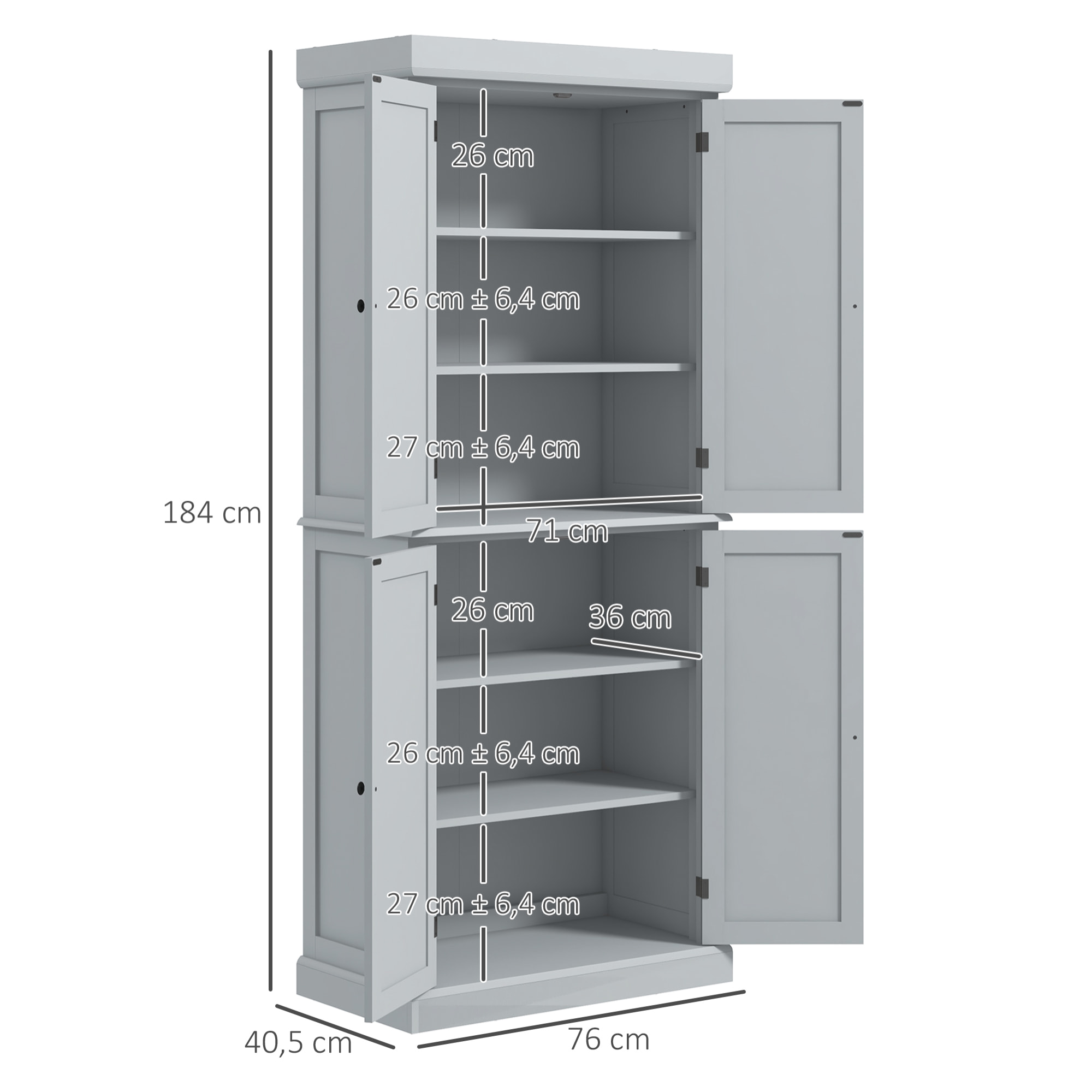 Buffet haut - armoire de cuisine - dim. 76 x 40,5 x 184 cm - 2 portes, 4 étagères - gris