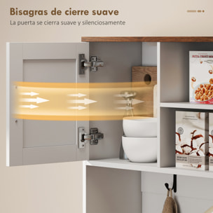 Alacena de Cocina Alta, Mueble Auxiliar de Cocina, Botellero para 8 Botellas, 4 Puertas, 3 Cajones, Estantes Abiertos, Encimera Amplio, 4 Ganchos, Orificio para Cables, Blanco, 100x38x172 cm