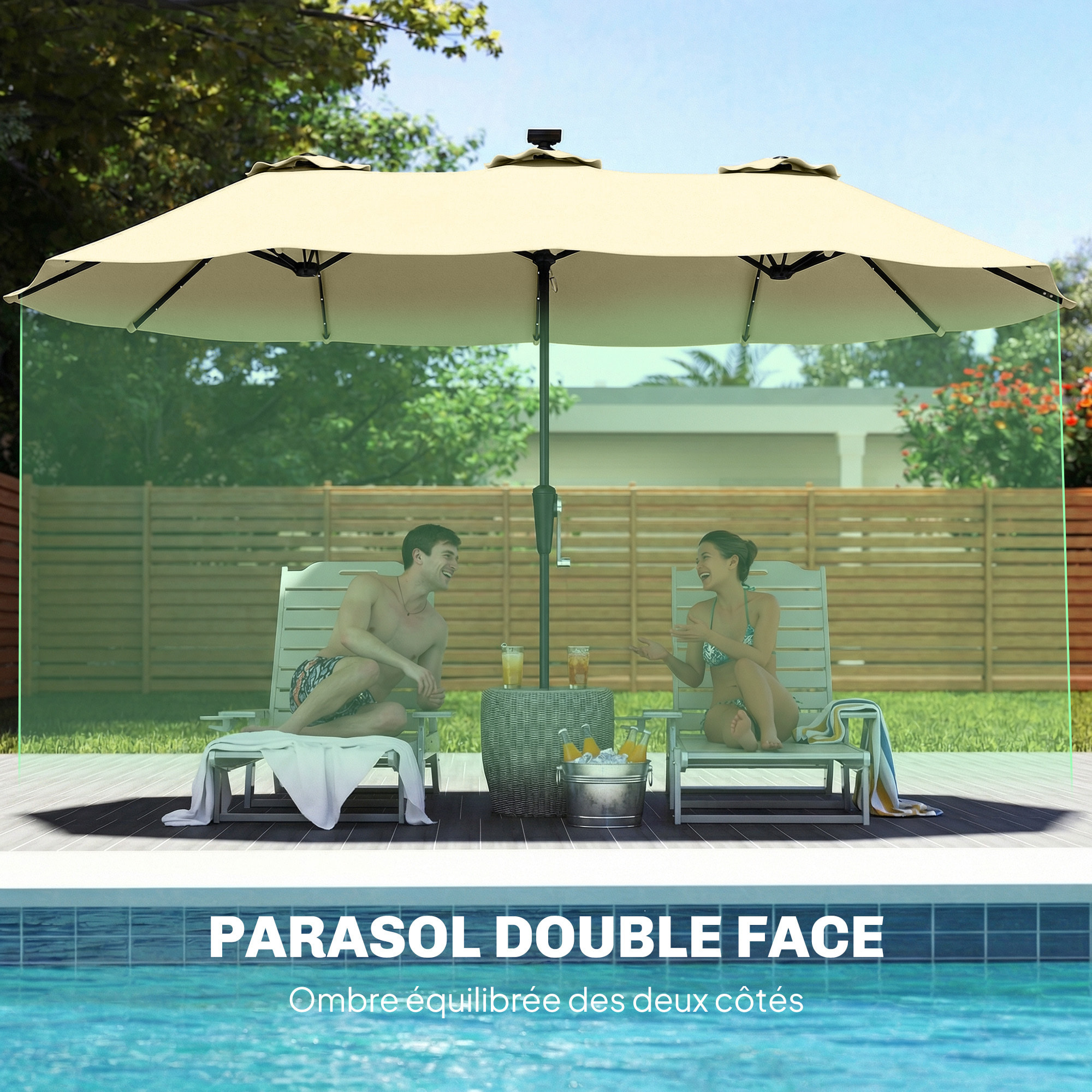 Parasol de jardin double grande taille LED - 395x215cm - métal - beige