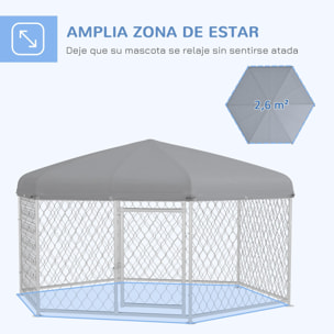 Perrera de Exterior Hexagonal Jaula para Perros con Puerta Marco de Acero Galvanizado y Toldo Impermeable y Anti-UV 210x185x150 cm Plata