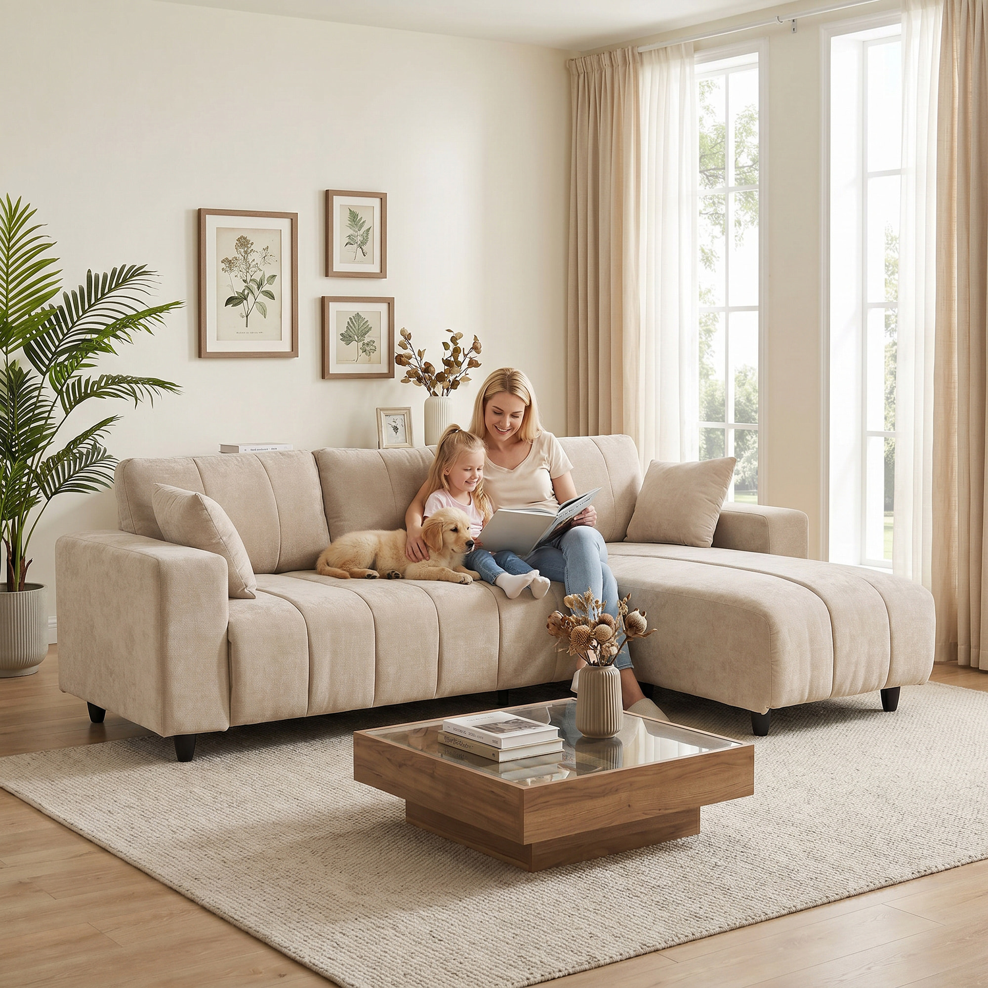 Sofá Chaise Longue Reversible, Sofá Esquinero en Forma de L de 4 Plazas, 2 Almohadas, Tapizado en Lino, Marco de Acero, para Salón, 242x156x87 cm, Beige