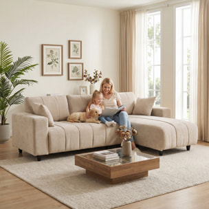 Sofá Chaise Longue Reversible, Sofá Esquinero en Forma de L de 4 Plazas, 2 Almohadas, Tapizado en Lino, Marco de Acero, para Salón, 242x156x87 cm, Beige