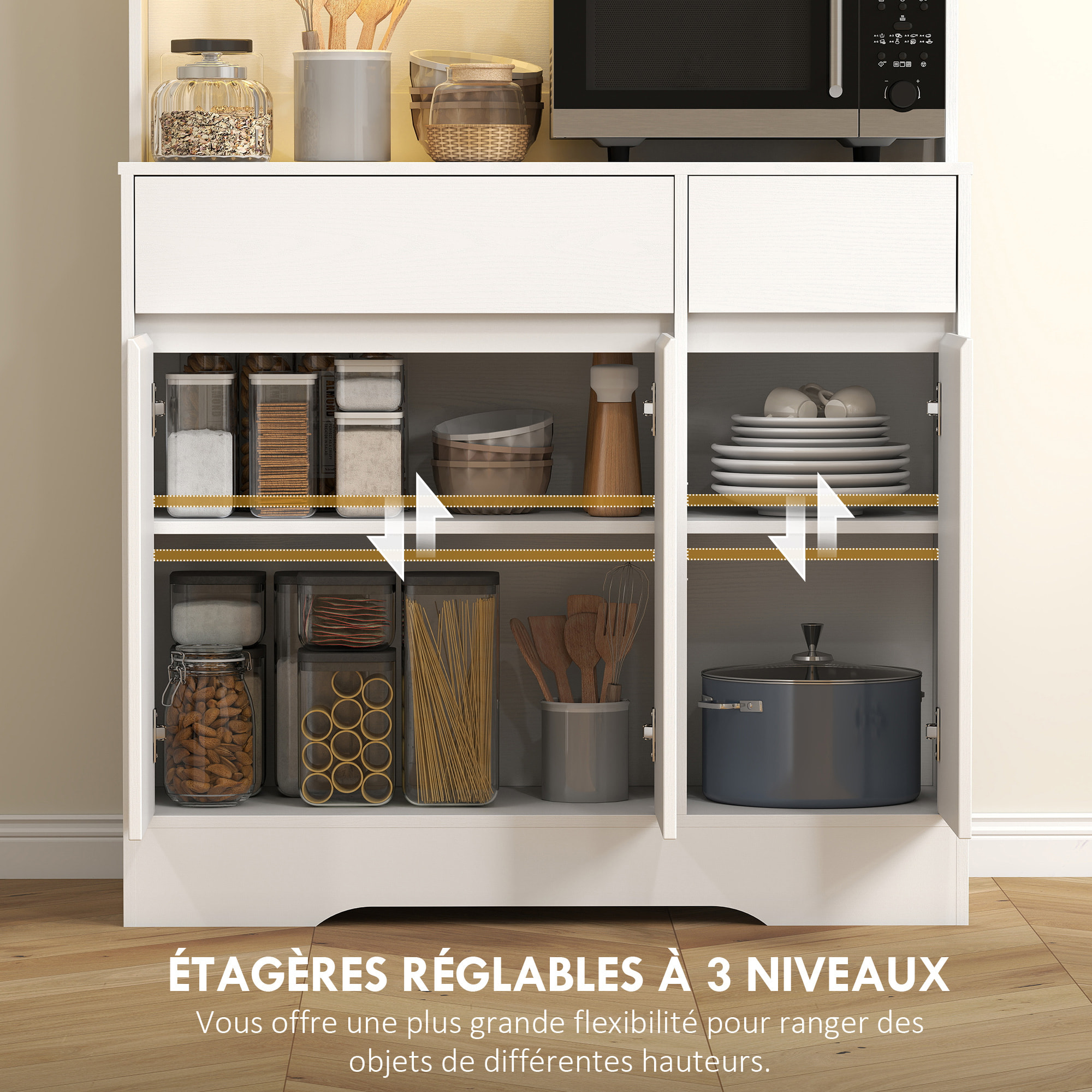 Buffet haut armoire cuisine design LED 6 portes 4 étagères 2 tiroirs grand plateau blanc