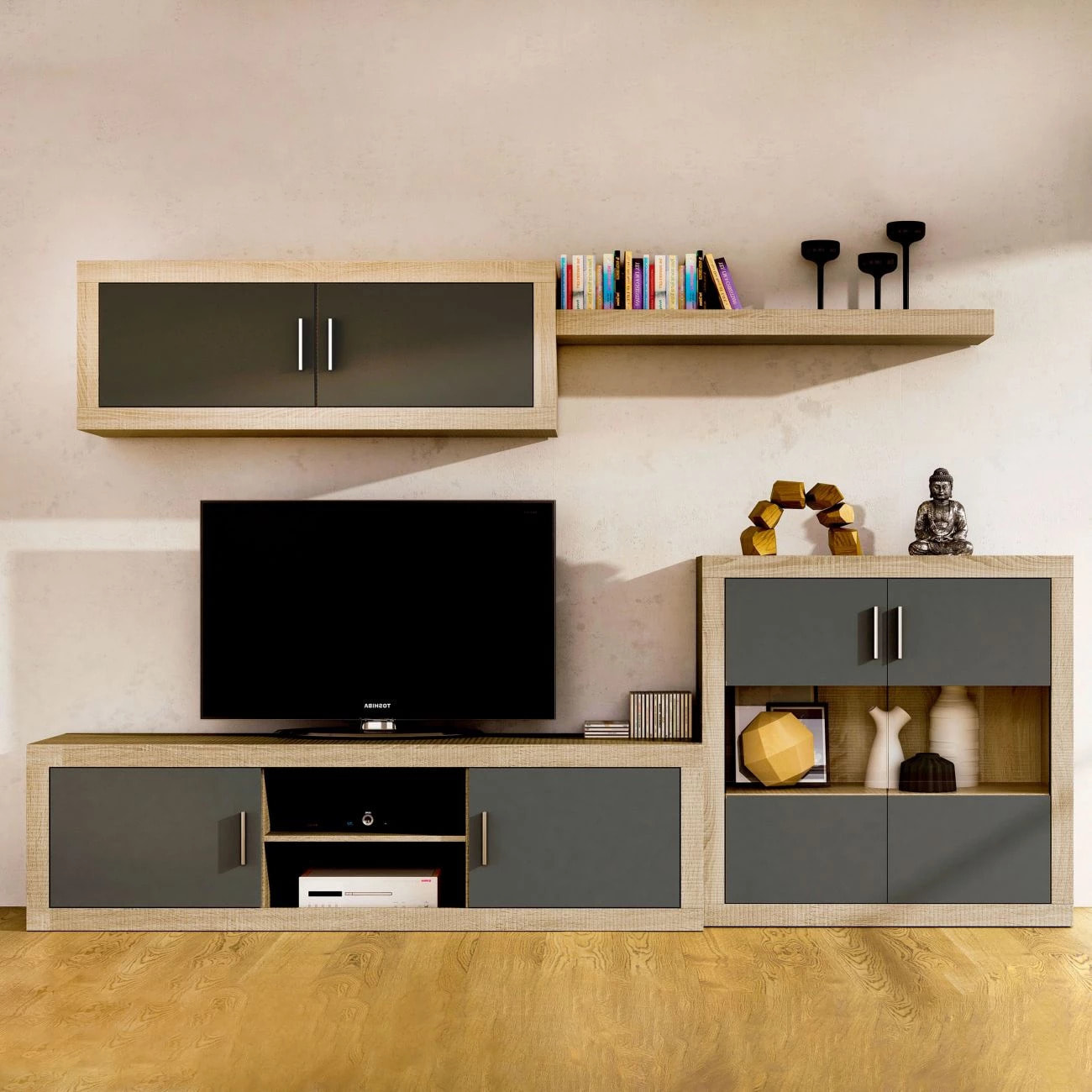 Salón modular con gran capacidad de almacenaje en cambria y grafito 290 cm Nuka V7 Cambria - Grafito