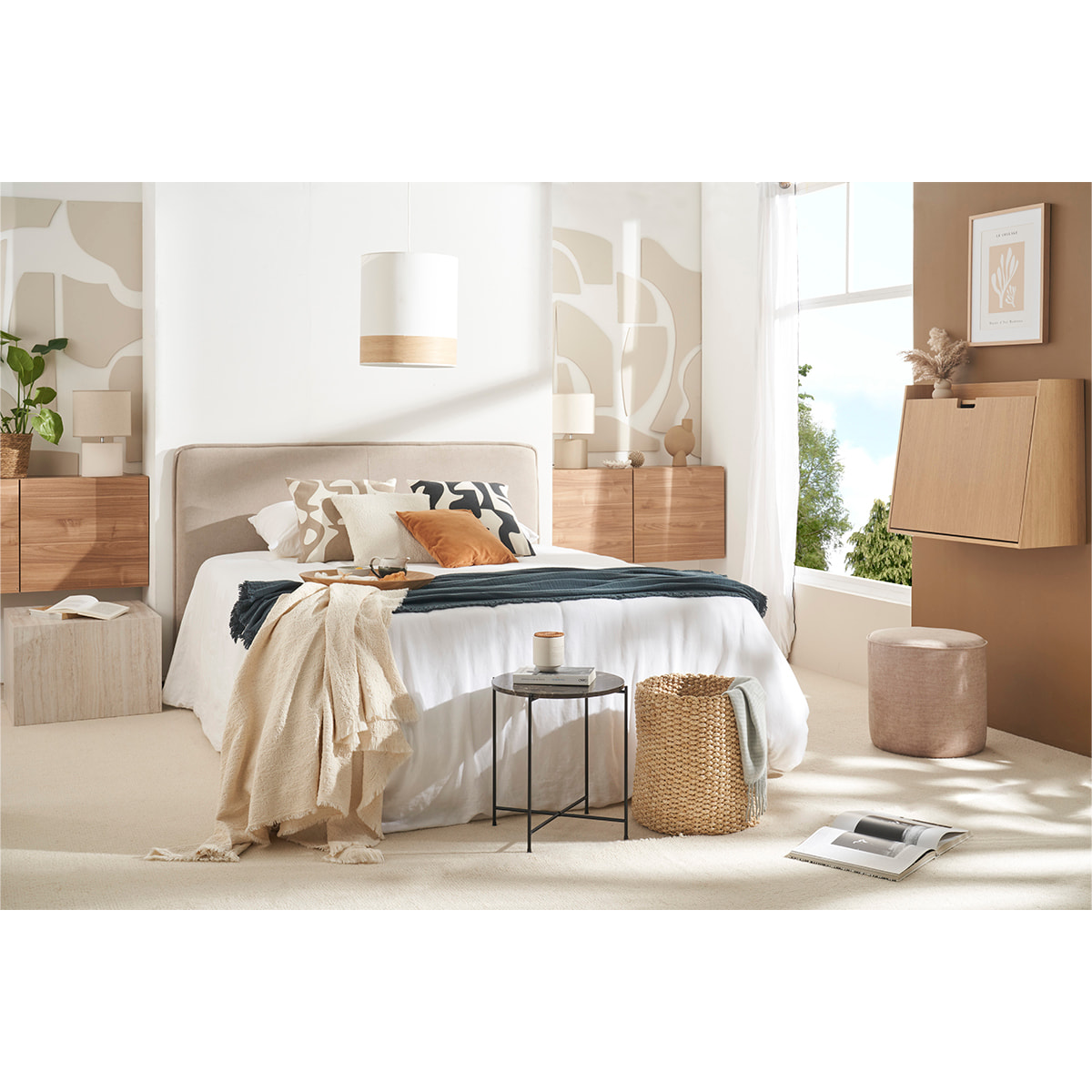 Tête de lit en tissu effet velours beige naturel L175 cm MARCIA