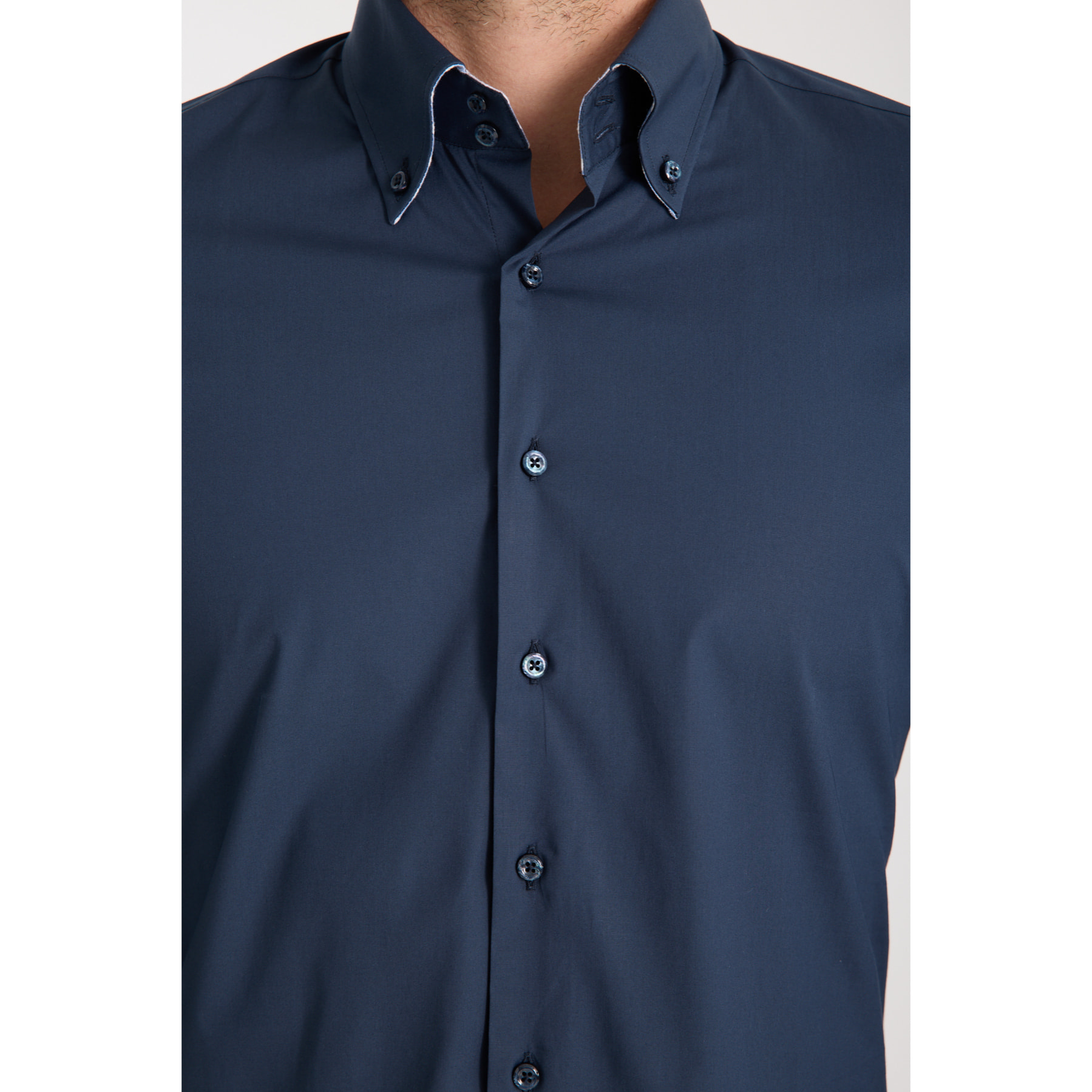 Camicia Uomo 2 Bottoni Button Down Slim Popeline Stretch Unito Blu