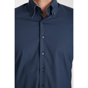 Camicia Uomo 2 Bottoni Button Down Slim Popeline Stretch Unito Blu