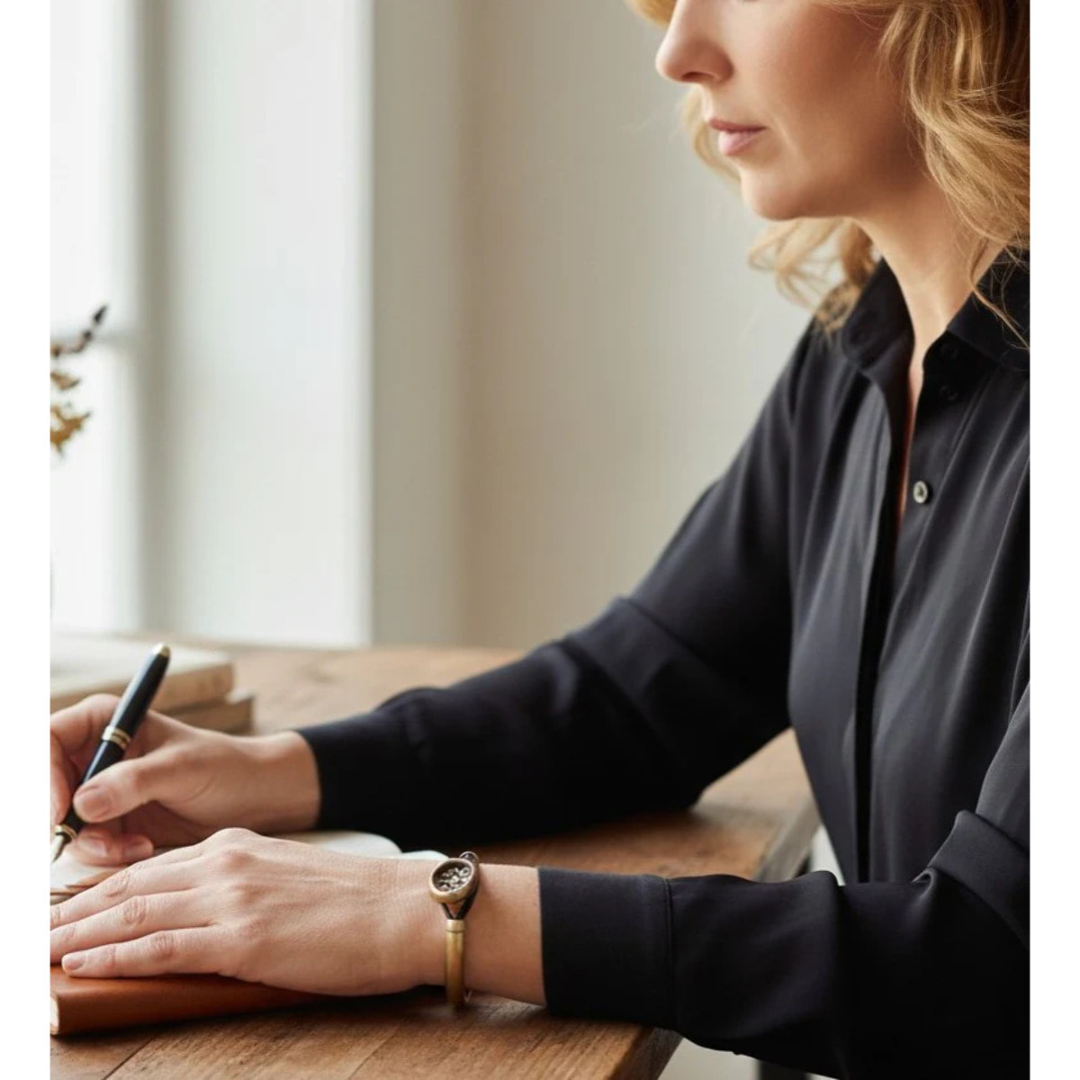 Pulsera media rá­gida en botón grabado y cuero marrón con metal dorado