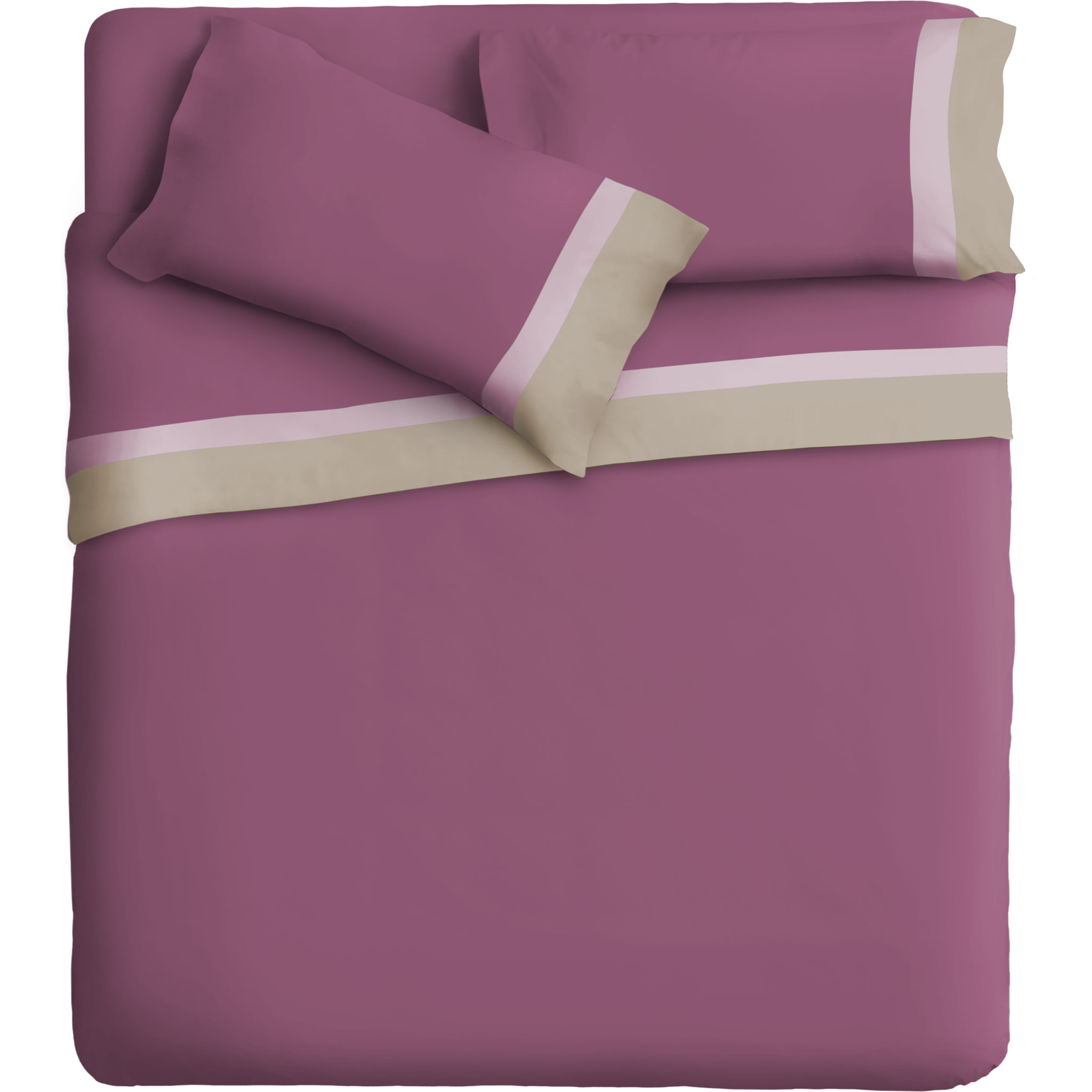 Completo letto doppia balza RASO IPERSAN Puro Cotone Panna/Malva fondo Prugna