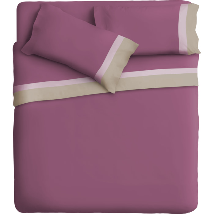 Completo letto doppia balza RASO IPERSAN Puro Cotone Panna/Malva fondo Prugna