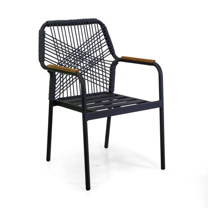 Poltrona Vacchetti Dean in alluminio antracite con corda e cuscino grigio cm56x62h85