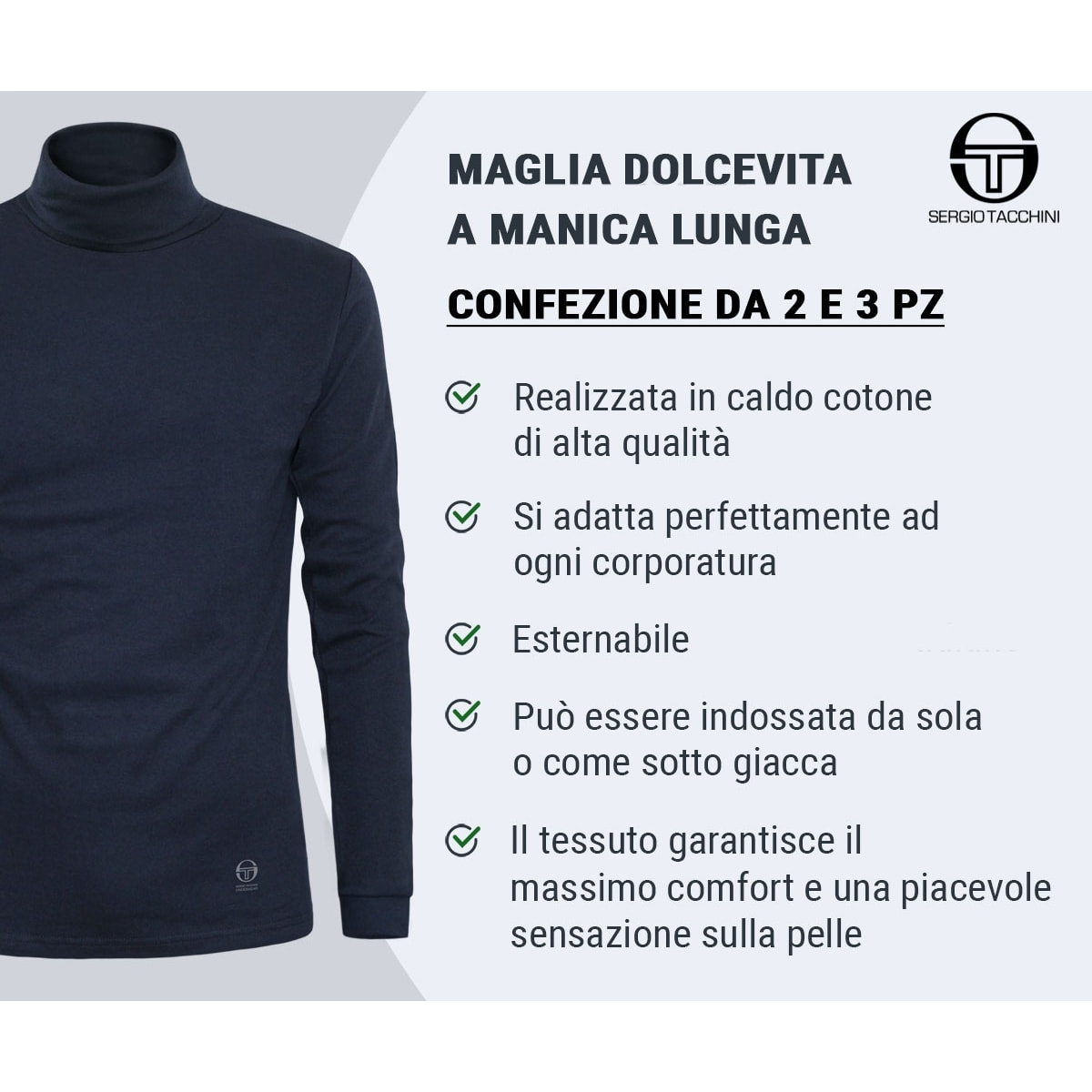 3 Maglie Dolcevita Uomo Caldo Cotone Sergio Tacchini