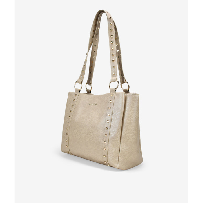 Bolso shopper beige para portátil con tachuelas