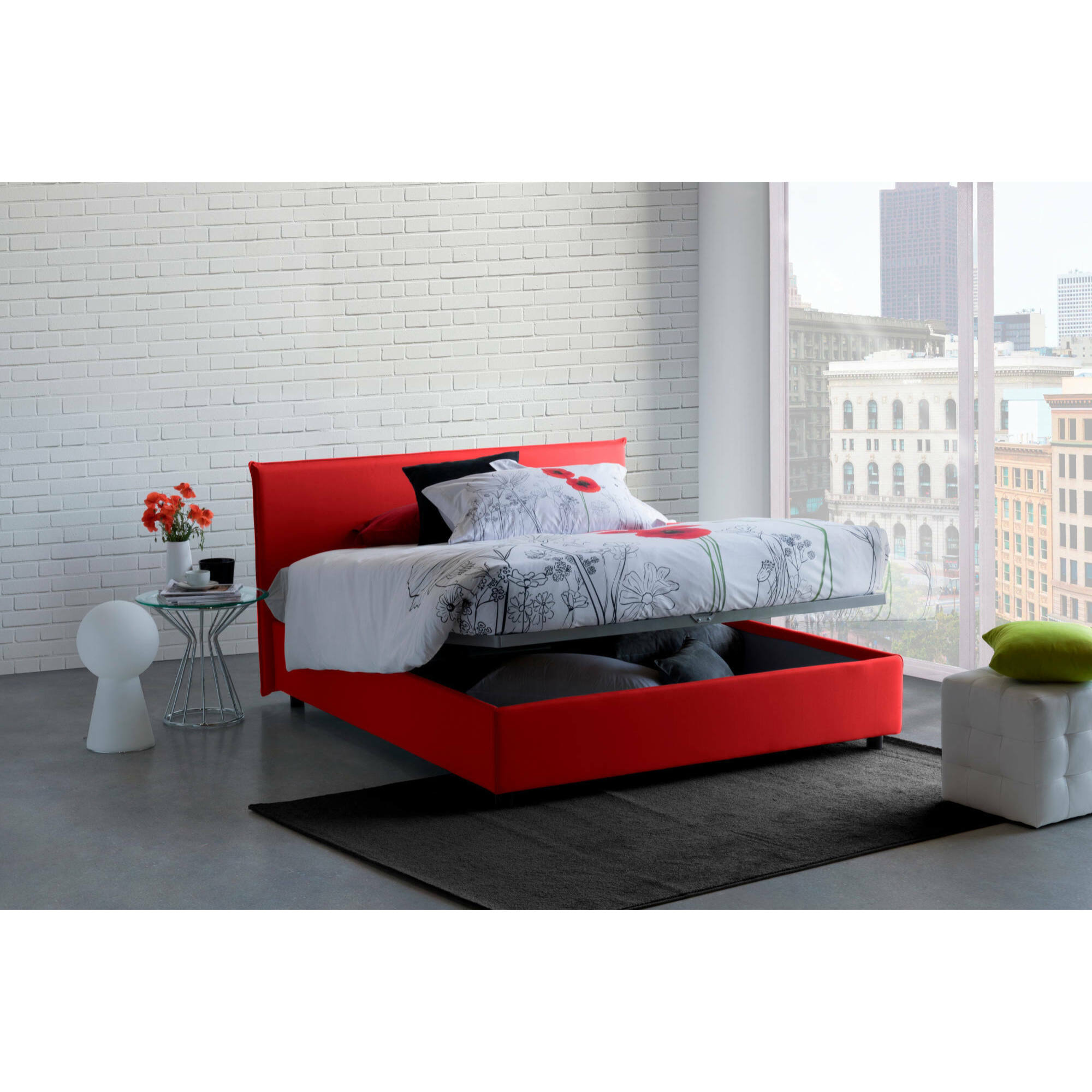 Letto matrimoniale Berenice, Letto contenitore con rivestimento in tessuto, 100% Made in Italy, Apertura frontale, adatto per materasso Cm 140x200, Rosso