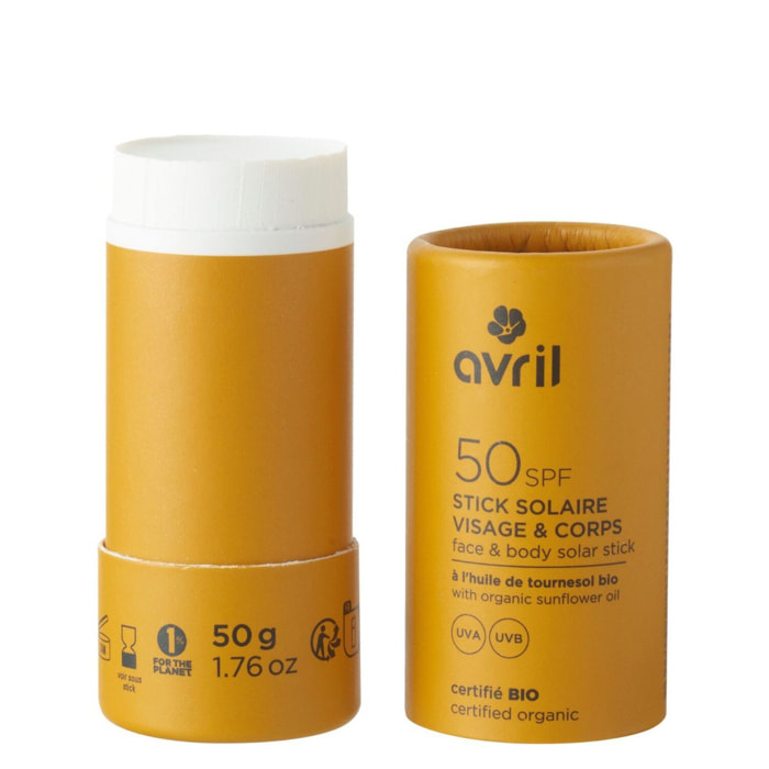 Stick solaire Certifié Bio - Stick Solaire SPF50 Visage et Corps 50 g