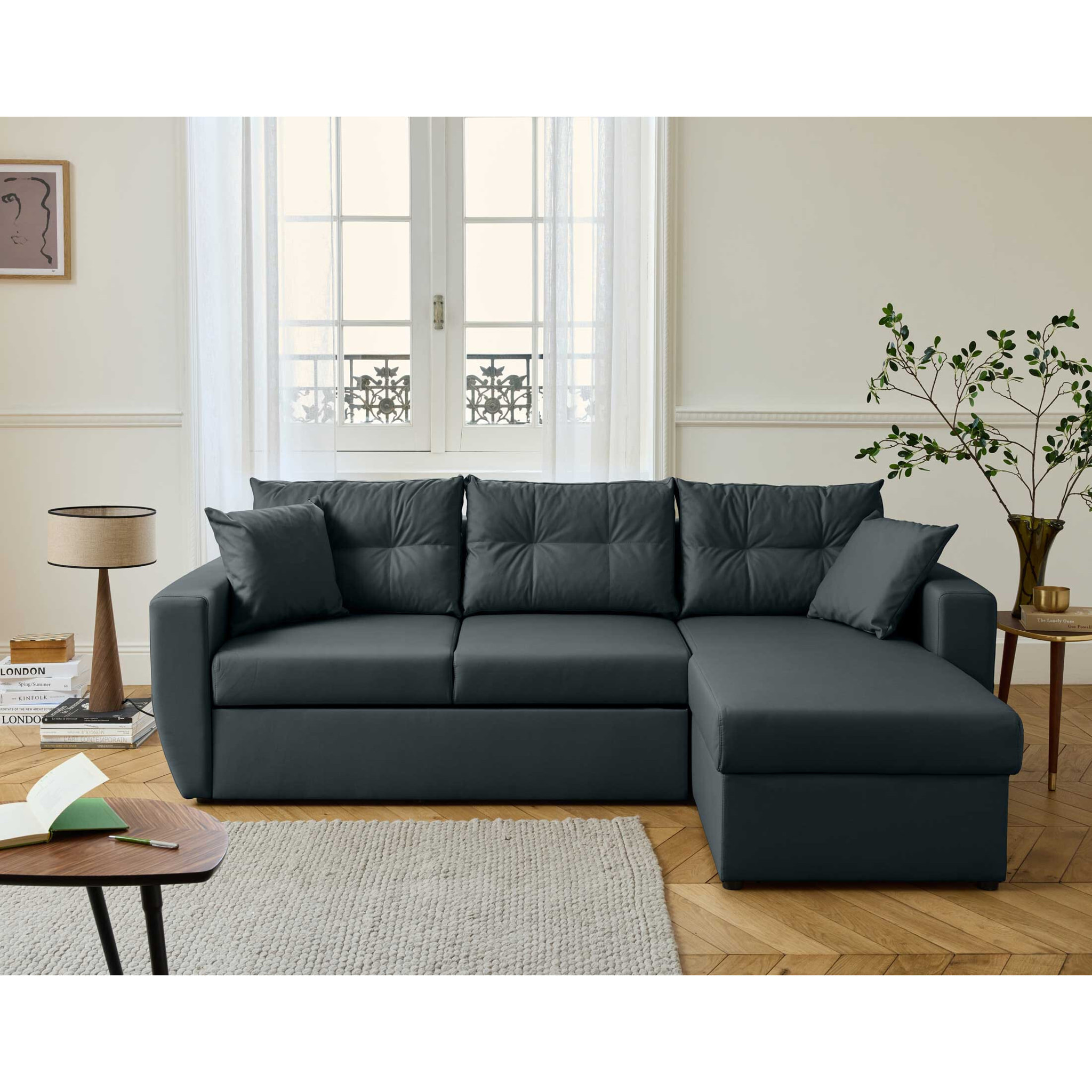 Astoria - canapé d'angle réversible 4 places - convertible avec coffre - en simili - Gris Anthracite