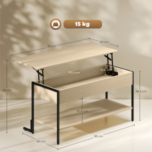 Table basse relevable style industriel - étagère - plateau relevable H.46-59 cm - métal noir effet bois clair