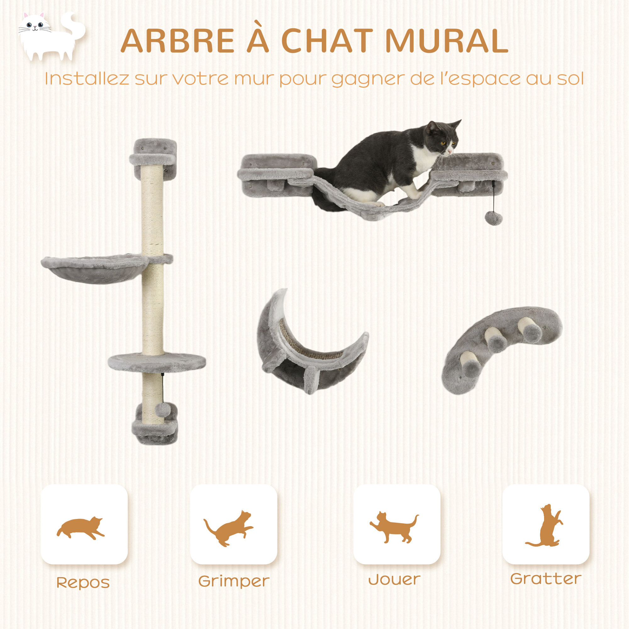 Mur d'escalade pour chat avec hamac passerelle planche à gratter et balles peluche sisal gris