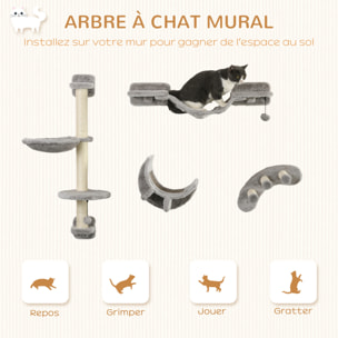Mur d'escalade pour chat avec hamac passerelle planche à gratter et balles peluche sisal gris
