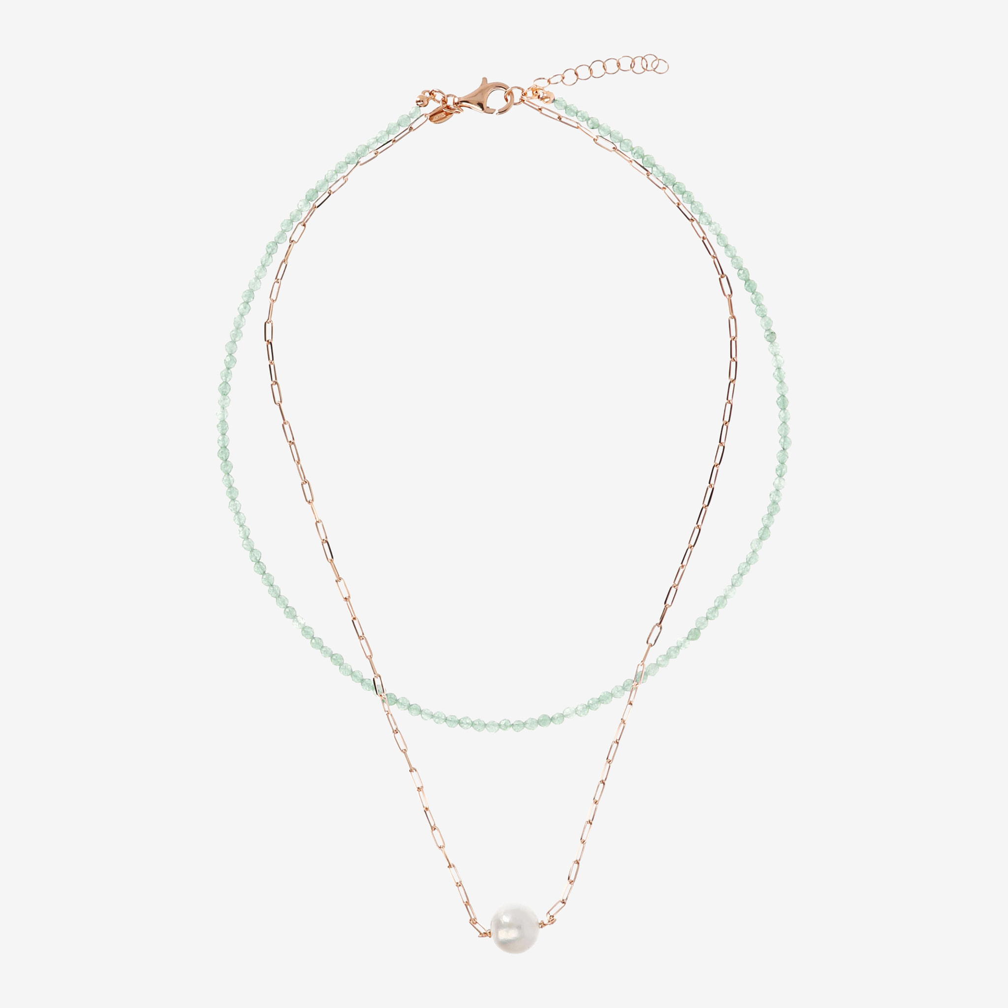 PERLAVIVA - Doppia Collana con Quarzite Verde Acqua e Perla Ming Bianca Ø 11 mm in Argento 925 placcato Oro Rosa 18Kt